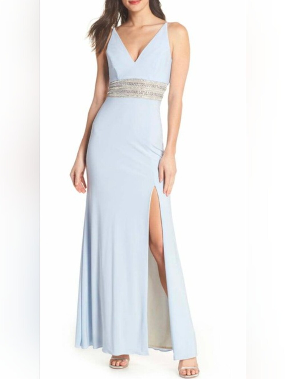 Xcape Beaded Waist V-Neck Slip Dress - Light Blue Silver Embellished 6